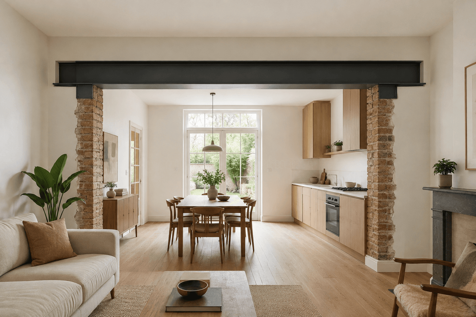 Steel beam on two brick piers, carrying the floor above